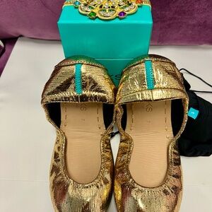 Tieks Metallic Gold Ballet Flats with Teal Accent, special holiday edition.